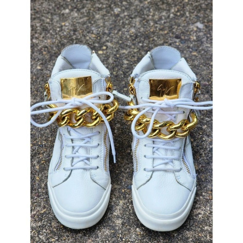 Giuseppe Zanotti White Leather Gold Chain Highโ Top Sneakers Women Size 36 EU
